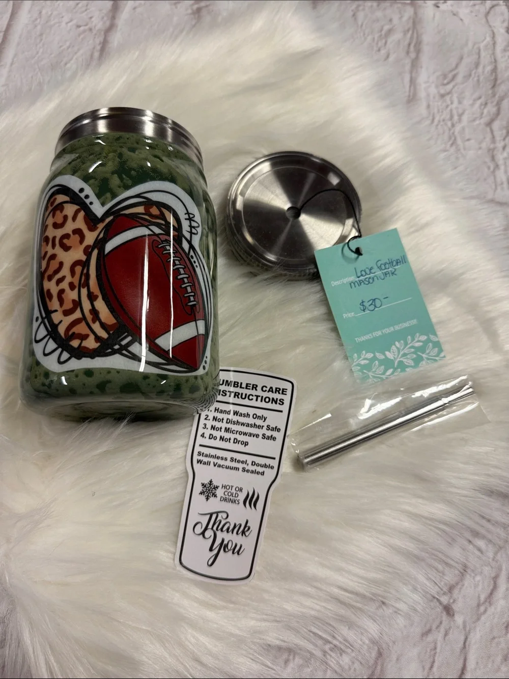Proxy Metal Mason Jar Green Football with leopard heart Tumbler with lid & Straw
